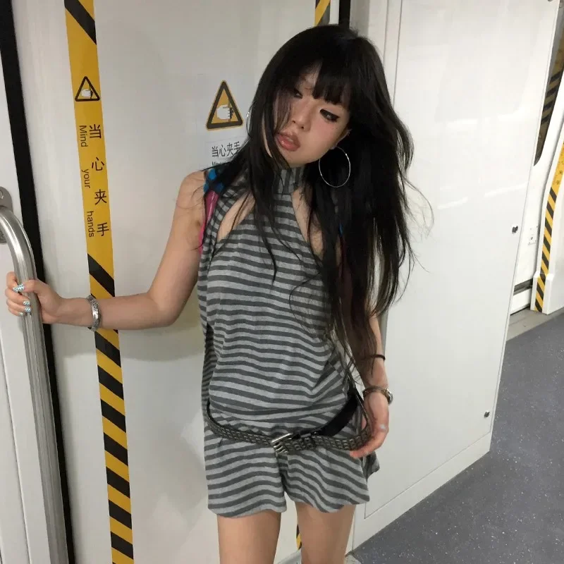 2025 Y2k Aesthetics Halter Dress Japanese 2000s Style Grey Striped Short Dress Vintage Harajuku Backless Mini Dress Grunge