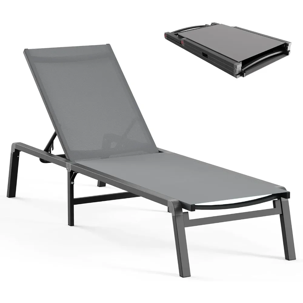 

Foldable & Assemble Free Outdoor Lounge Chair with 5 Adjustable Backrest, Patio Lounge Chair for Outside Poolside Beach Pool