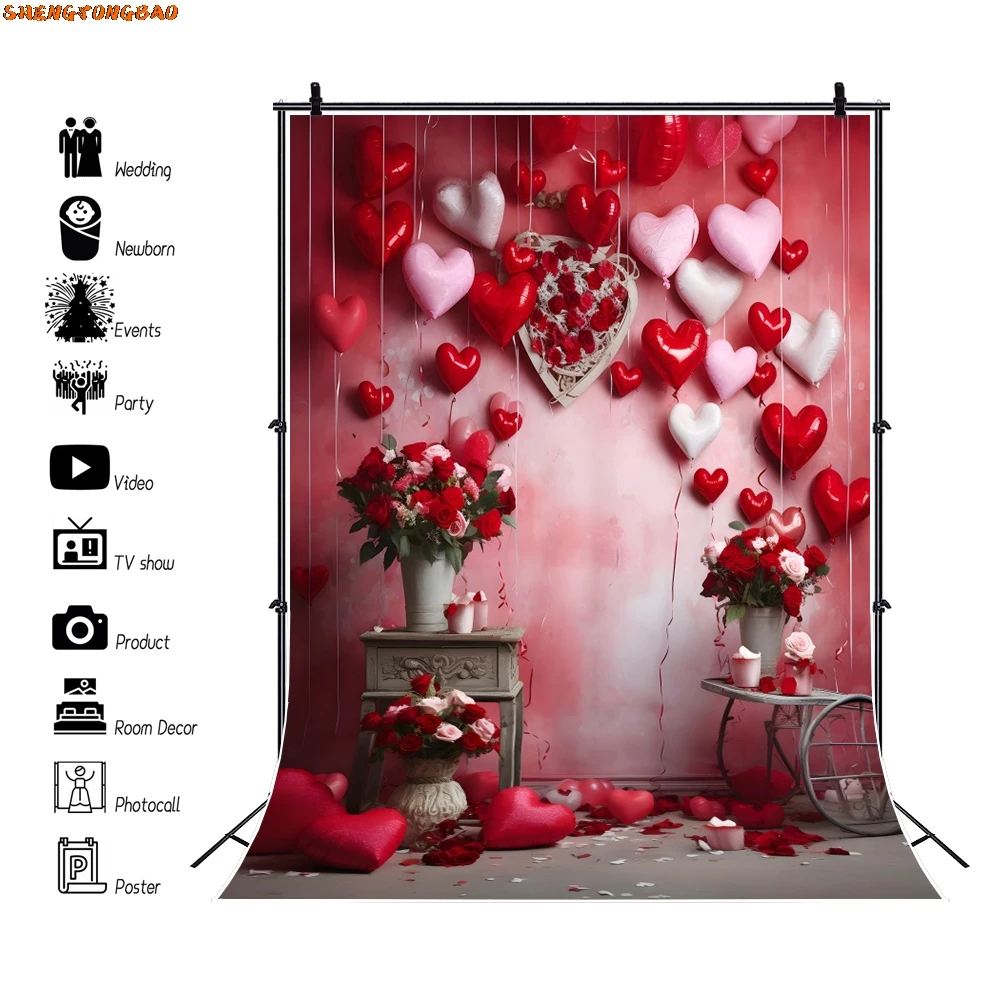 Valentijnsdag Fotografie Achtergrond Rode Roos Bloemen Liefde Hart Interieur Kamer Verjaardag Bruiloft Photocall Achtergrond Fotostudio