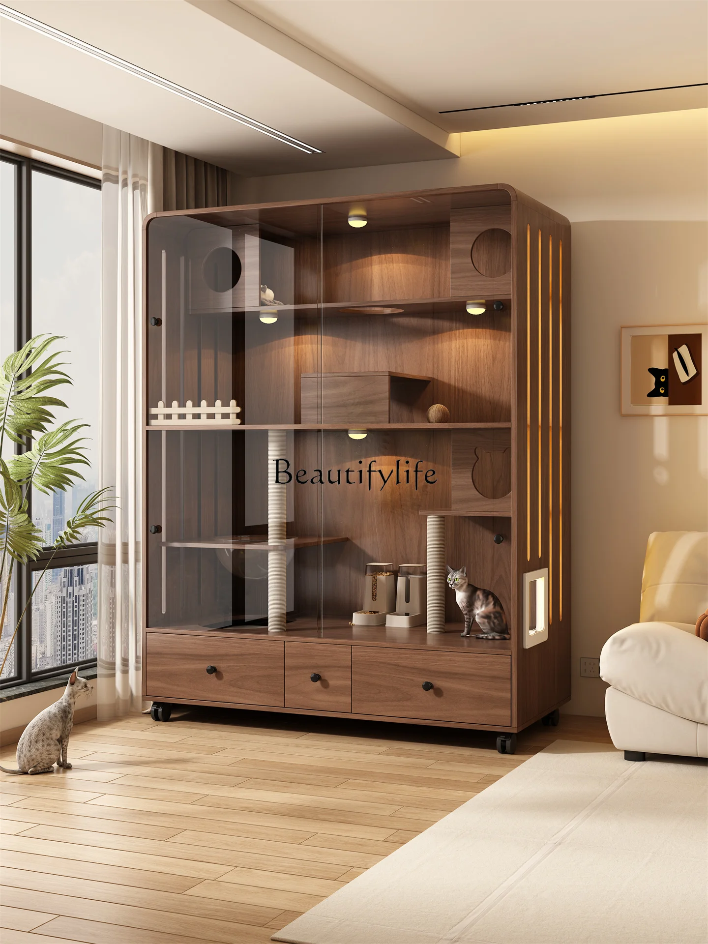 Household indoor cat climbing frame with toilet integrated cat nest cabinet luxury does not occupy an area of solid wood