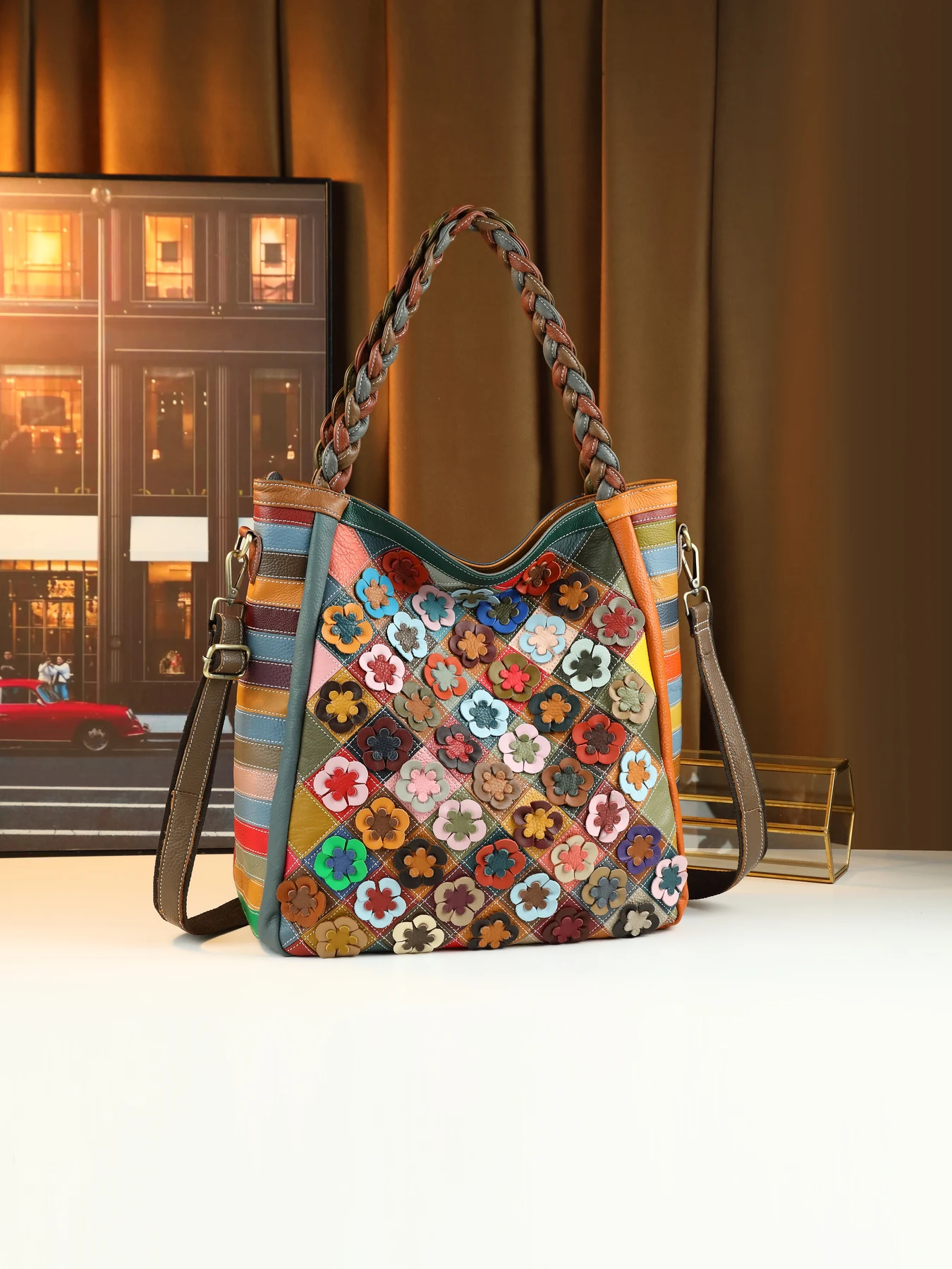 Cross-border new hand-woven retro leather large-capacity handbag block decal design tote bag
