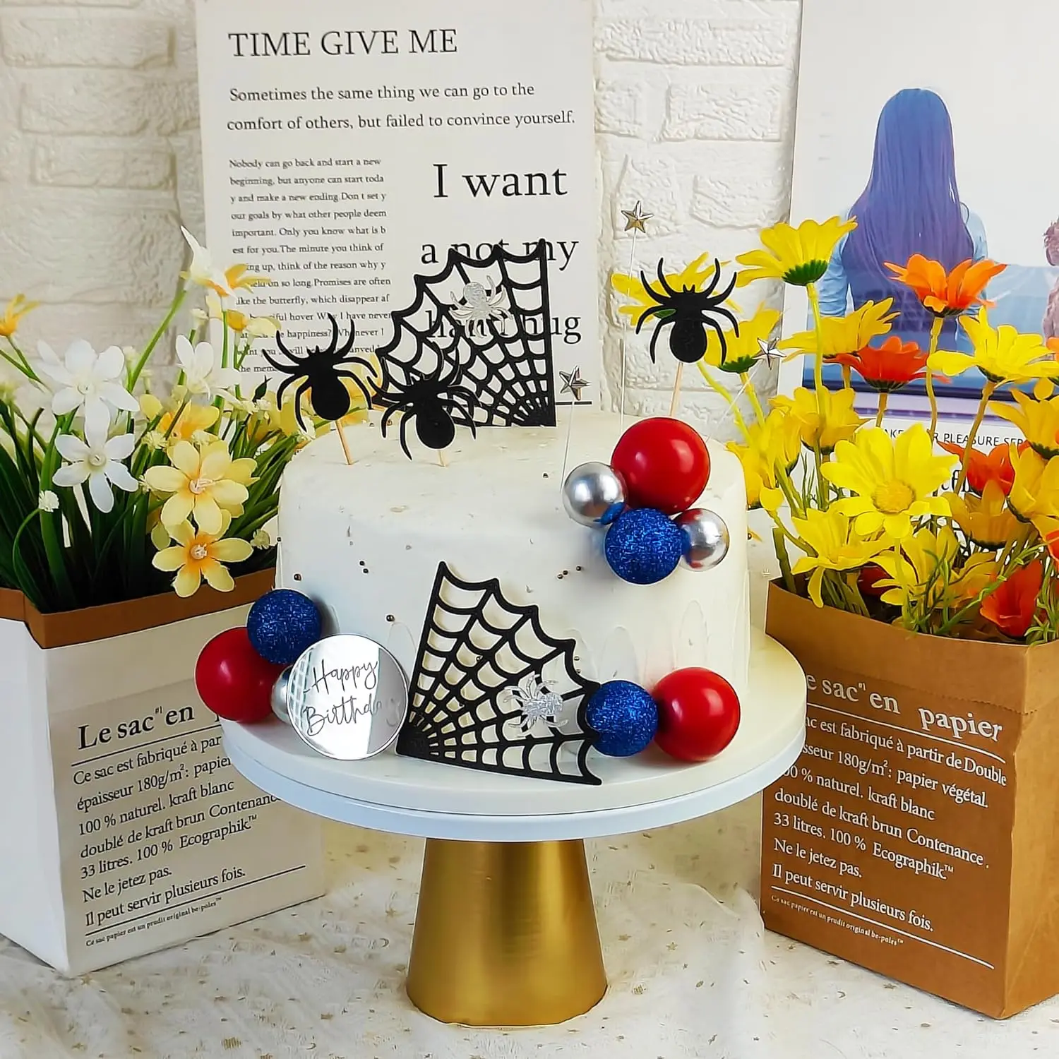 Morofme Spinnennetz-Kuchendekorationen, Spinnen-Thema, Kuchendekoration, glitzernde Spinne, alles Gute zum Geburtstag, Topper, Sterne, Kugeln, Cupcake-Topper – Detail 1