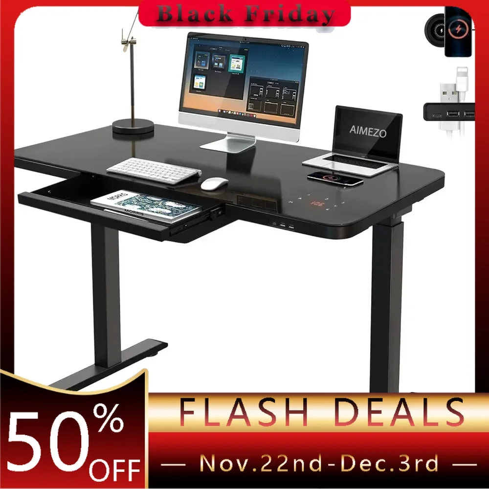 Standing Desk with Wireless Charging with Drawer Dual Motor Electric Adjustable Height Desk with USB Type-C/A Port