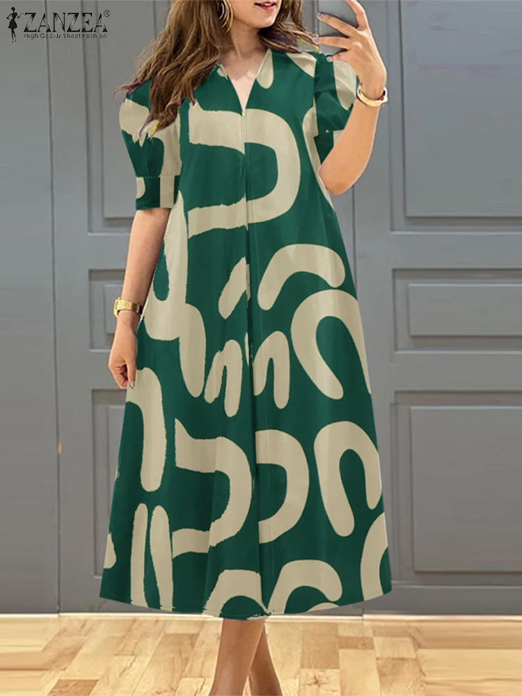 

ZANZEA Street Fashion Loose Robes Femme Short Puff Sleeve 2025 Summer All-Over Print Women's A-line Midi Dresses V-Neck Vestidos