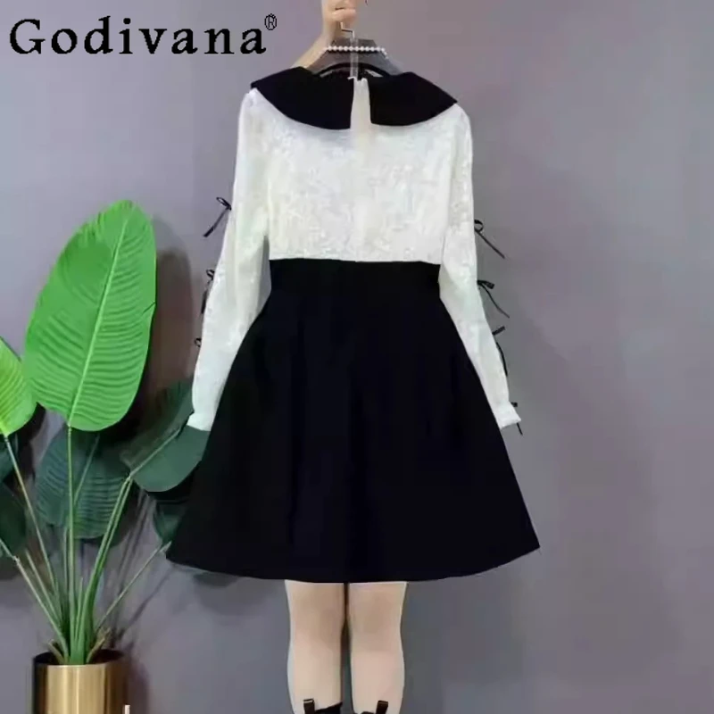 

Large Size New Sweet Bow Lace Fake Two-piece Black Dress Spring Autumn High Waist A-line Versatile Age-reducing Korean Dresses