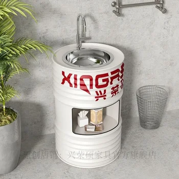 Wash Art Personality Wash Basin Bathroom Industrial Wind Oil Barrel Sink Floor-standing  Basin Wash Basin
