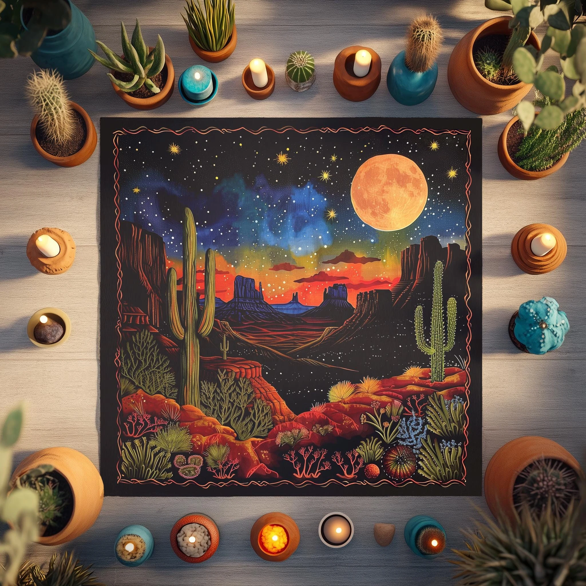 Desert Cactus Full Moon Tarot Tablecloth, Mystical Southwest Landscape Altar Cloth for Divination Meditation Decor