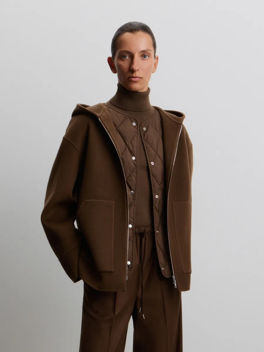 DFDG Women 2026 Spring Autumn Double Faced Wool Coat Hooded Full Zip Patch Pocket Drop Shoulder Oversized Short Warm Outer Coat