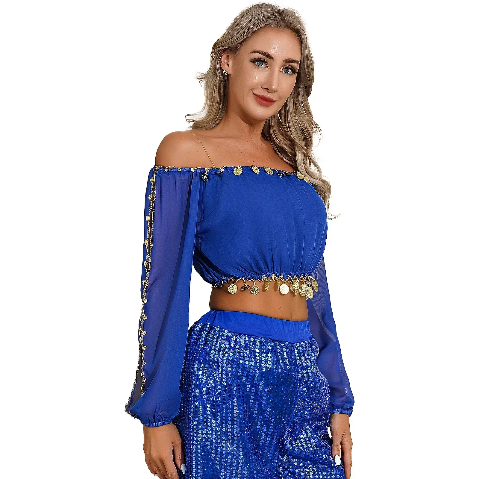 Womens Indian Carnaval Buikdanskleding Buikdans Tops Lovertjes Kralen Split Lange Bladerdeeg Mouw Crop Top