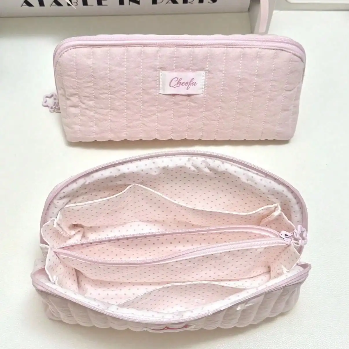 Vertical Quilted Rectangular Zipper Pencil Case, Soft Padded Lining With Pink Polka Dot Inner & Multi Pockets, Ulzzang Style Student Pen Bag For New Semester Stationery Storage