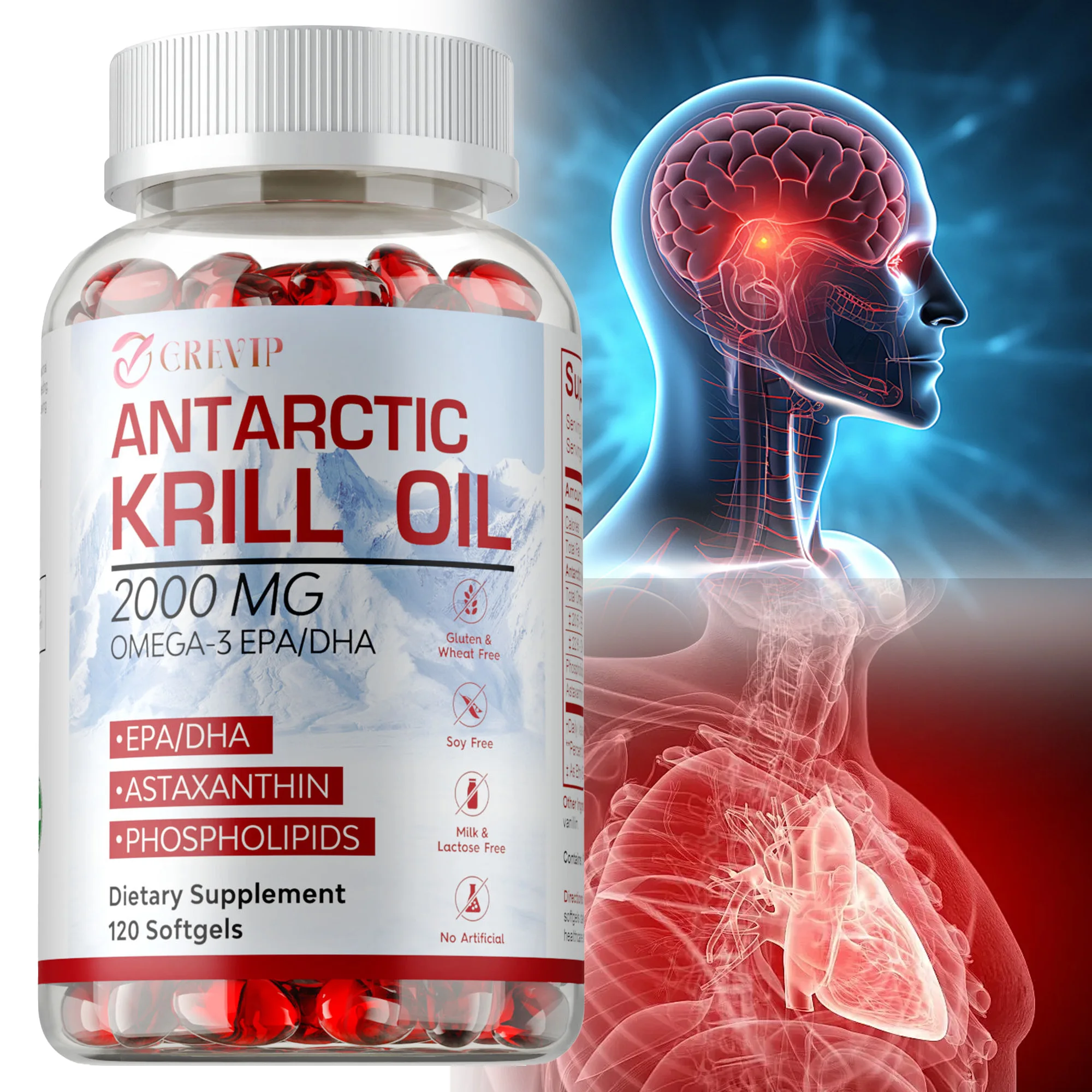 

Антарктическое масло криля - с Omega-3 EPA, DHA, Астаксантин - поддерживает мозг, серососудистую систему, суставы, здоровье кожи и глаз - 120 капсул