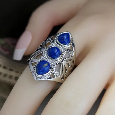 Vintage Creative Hollow Carved Lapis Lazuli Rings for Women Victoria Retro Exaggerated Rings Popular Fashion Jewelry