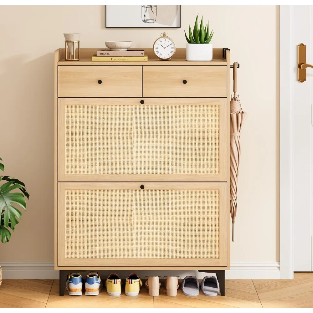 

Rattan Shoe Cabinet Storage for Entryway - Hidden 2 Flip Doors & 2 Drawers, Slim & Space-Saving Design for Hallway, Living Room