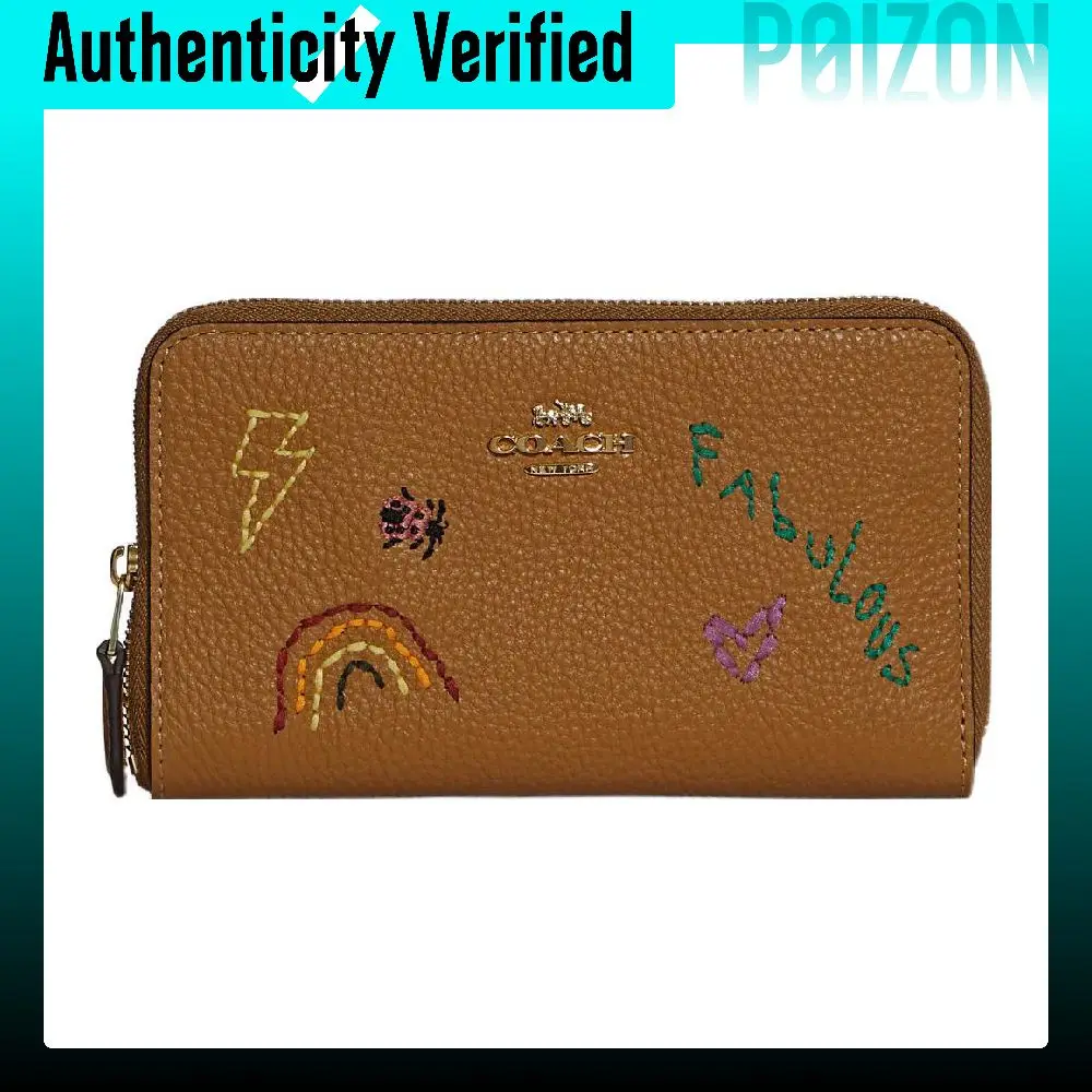 COACH Diary Embroidery Collaboration Id Zip Wallet Leather Clutch Coin Purse Wallet Women's Brown C9105-IMQUN