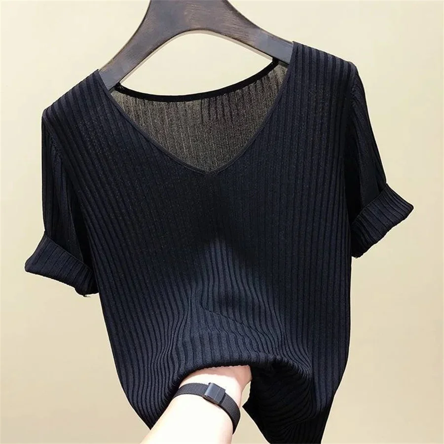 Blouse Women Blusas Mujer De Moda Verano Short Sleeve Blouse V-Neck Knitted Blouse Shirt Tops Women Blusas