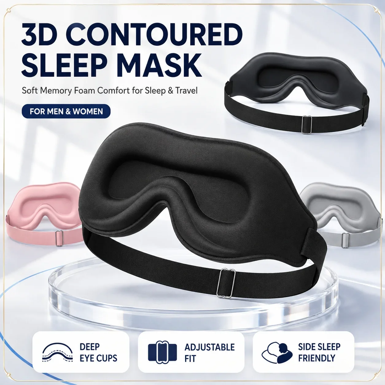 3D Contoured Sleep Mask for Men Women Memory Foam Eye Mask Deep Eye Cups Adjustable Strap Side Sleeper Light Blocking Travel Nap