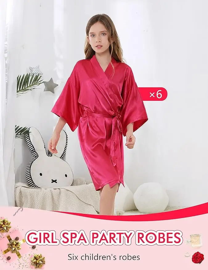 6 Pieces Girls Kids Silky Satin Solid Color Short Kimono Robes for Wedding Birthday Party Spa