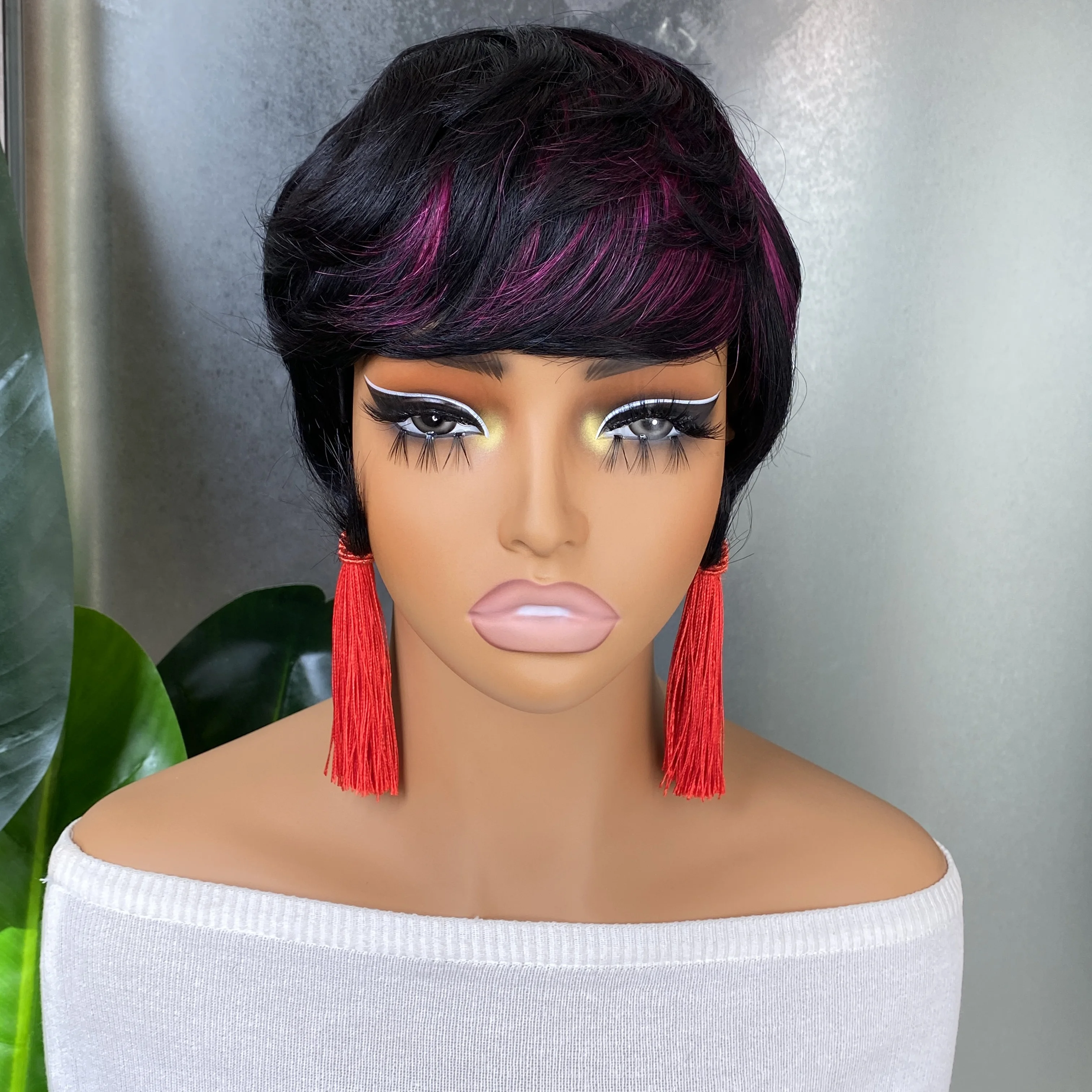 الجملة البرازيلي بيرو الهندي ريمي الشعر البشري 1B الأرجواني قصير متموج عابث قطع نمط آلة صنع شعر مستعار #4