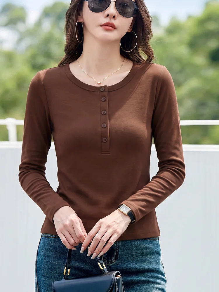 New Women Simplicity Easy match Basic T-shirt Spring Autumn Fashion Button O-Neck Long SLeeve Solid Color Casual Daily T-shirt
