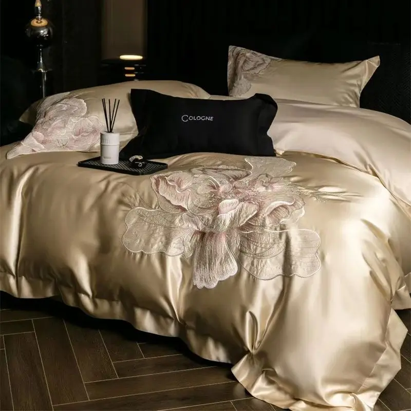Hochpräzises Damast-Blumen-Set aus ägyptischer Baumwolle mit Stickerei, luxuriöses Bettwäsche-Set, Bettbezug, flaches/Spannbettlaken, Kissenbezüge, 4 Stück