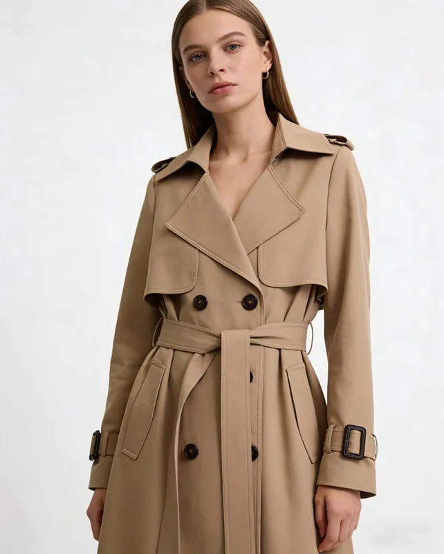 Damen-Trenchcoat mit Doppelreiher, lang, mit Gürtel, Reverskragen, Herbst-Winter, winddicht, klassische Oberbekleidung – Detail 2