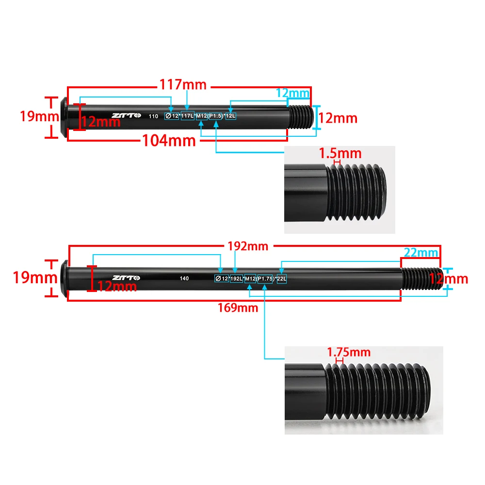 ZTTO MTB Road Bike M12xP1.0/1.5/1.75 Thru Axle Front Fork Shaft Skewers Rear Hub 12x100/110/142/148mm Thru Axle Bike Barrel Axle view 2