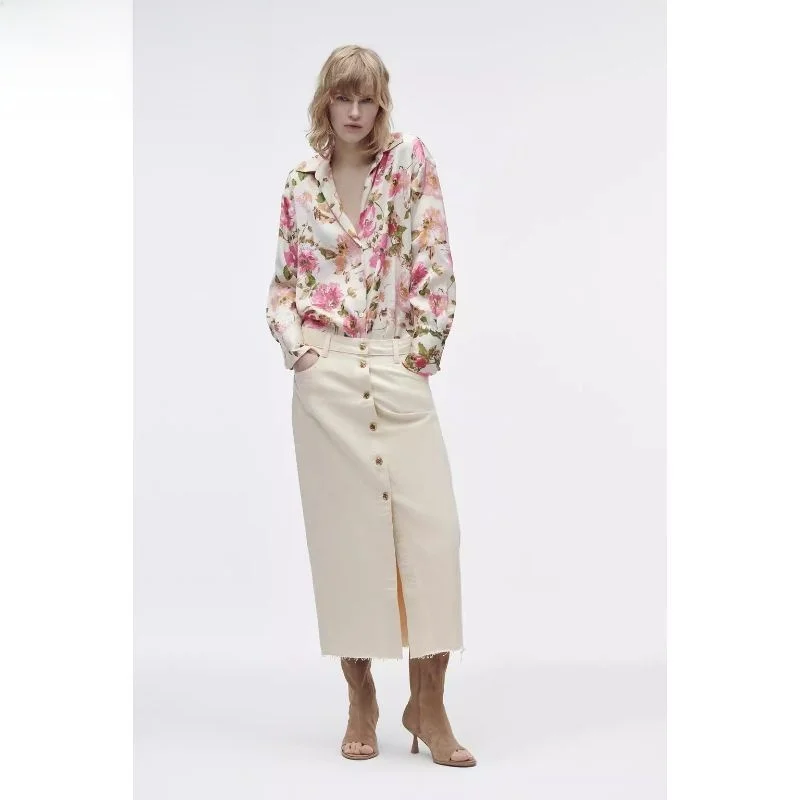 

Spring New Loose Long Sve Silk Satin Feel irt Floral Print Women's Premium Faion Casual Regular Length Loose Fit Blouse