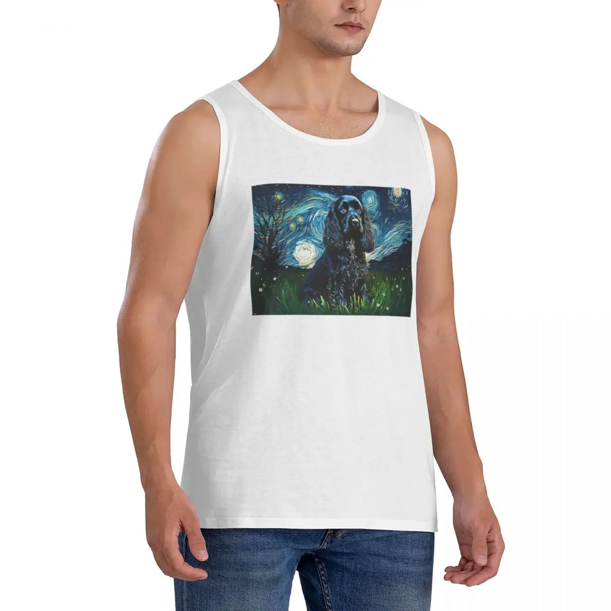 100% Cotton A Cocker Spaniel Puppy Starry Night Sleeveless T-Shirt Men Workout Sports Clothing Tops Men's Crew Neck Vest