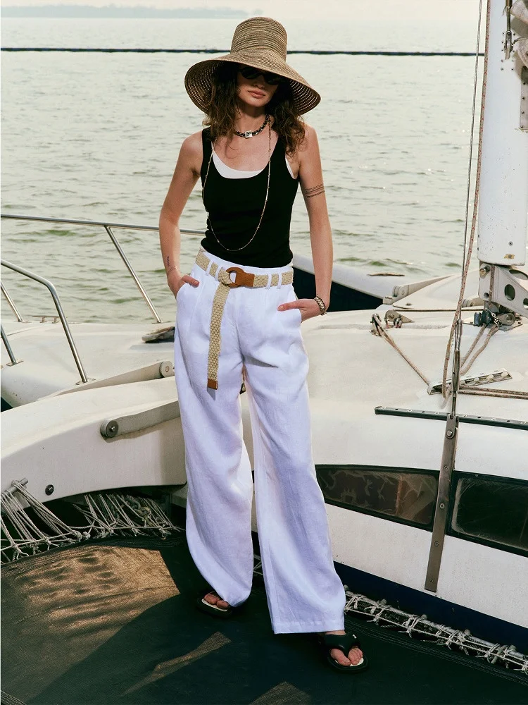 

Лляные брюки Blanini 90 г/м2, льняные 3D свободные широкие белые длинные брюки с низкой талией, прямые брюки для поездок на работу