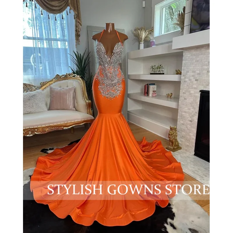 Laranja halter strass veludo sereia longo vestidos de baile vestido elegante para festa de casamento preto meninas noite personalizado