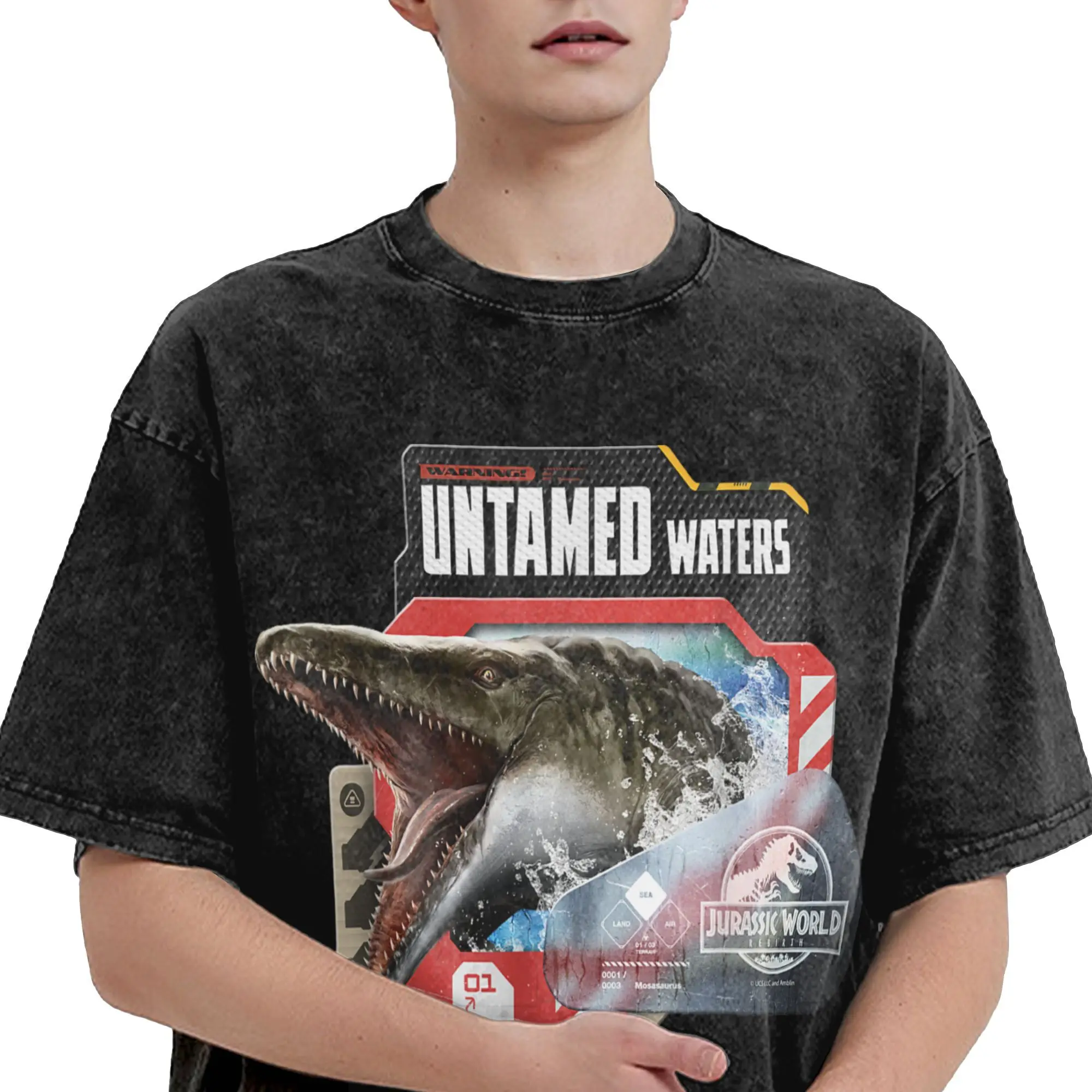 العالم الجوراسي ولادة جديدة تحذير الجامح المياه Mosasaurus تي شيرت الرجال القطن الياقة المستديرة تي شيرت ملابس قصيرة الأكمام