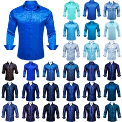 Camisas azuis de luxo masculinas, cetim monocromático, flor paisley bordada, manga comprida, slim fit, blusas masculinas, tops casuais de lapela, Barry Wang