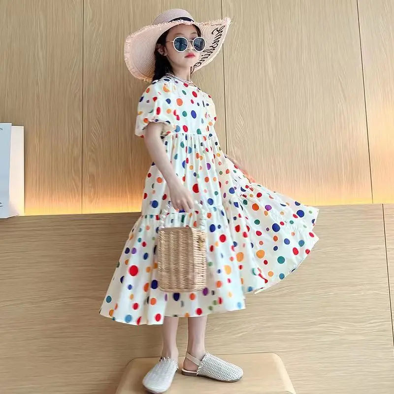 Fashion Summer Girls Dress 2024 Dot Beach Long Dress For Girl Bohemia Children Princess Loose Dresses Costume Teen 8 10 12 14 Y