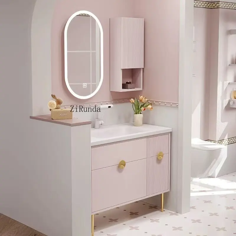 

Floor-to-ceiling bathroom cabinet combination pink paint countertop ceramic basin with mirror cabinet