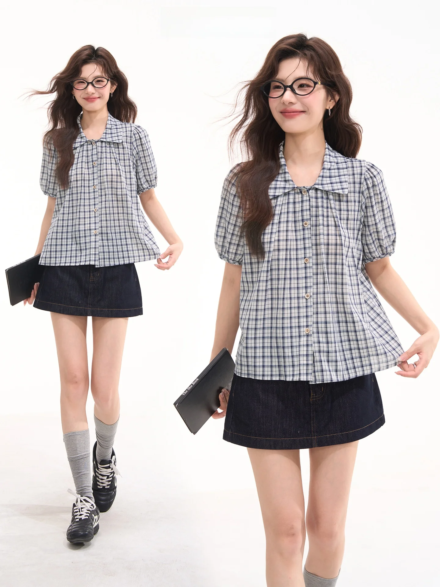 

Женская хлопковая рубашка Heme в клетку с коротким рукавом, повседневный летний топ, омолаживающий дизайн, с цветочным принтом, для милых девушек