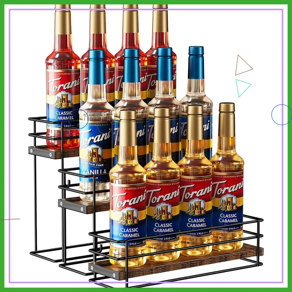 

3-Tier Coffee Syrup Organizer, 12 Bottle Metal Rack with Wooden Base for Kitchen Countertop, Black