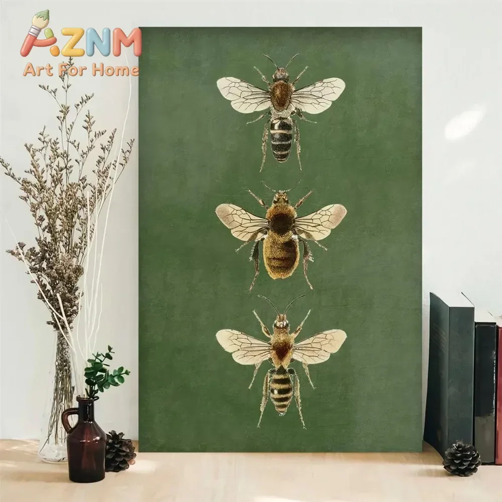 AZNM Vintage Bee Insect Canvas Wall Art Retro Green Background Botanical Style Illustration Print Unframed Canvas Poster for Liv