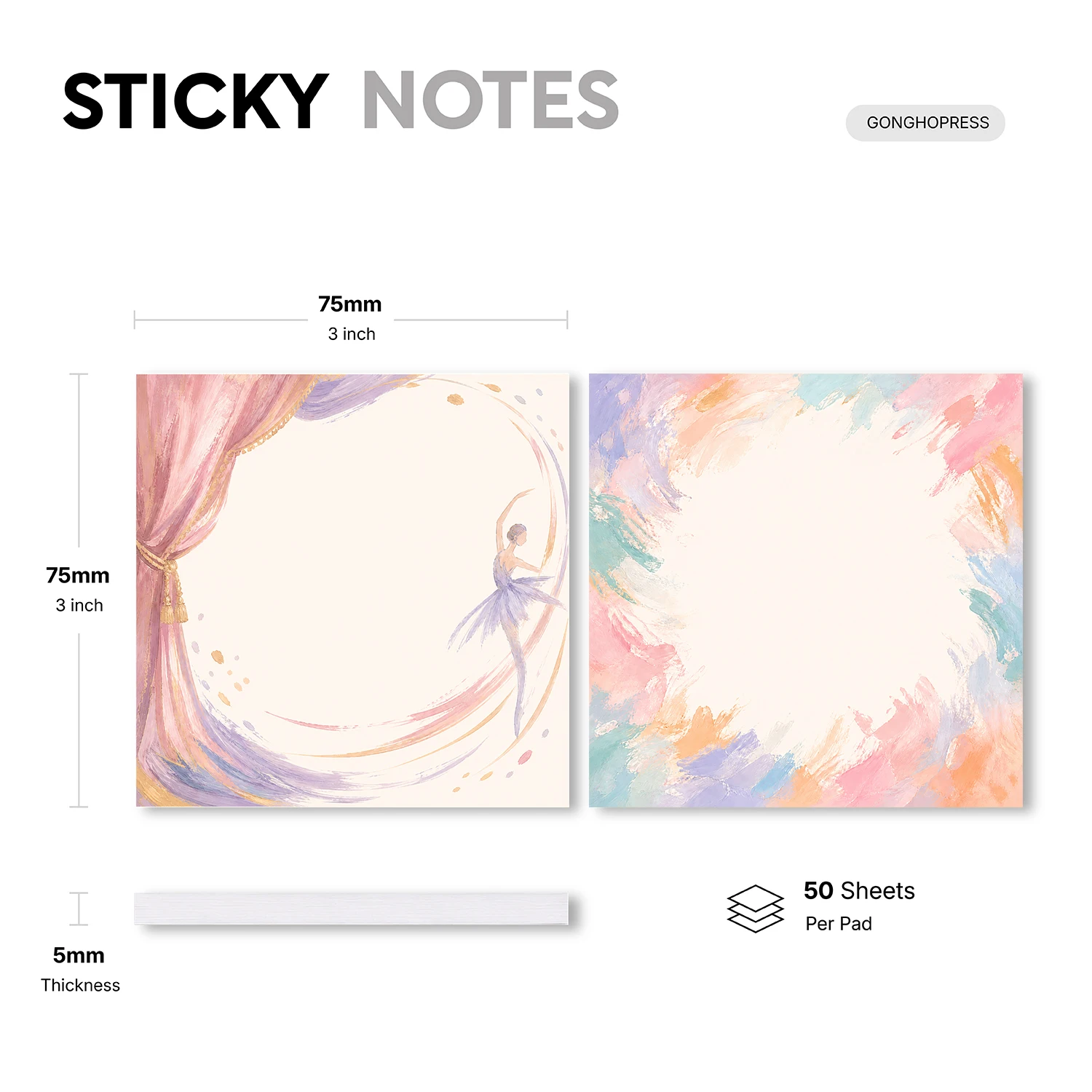 2pcs Watercolor Ballet Sticky Notes, Artistic Dance Theme Self Stick Memo Pads, 100 Sheets Total, Aesthetic Notepad, Removable