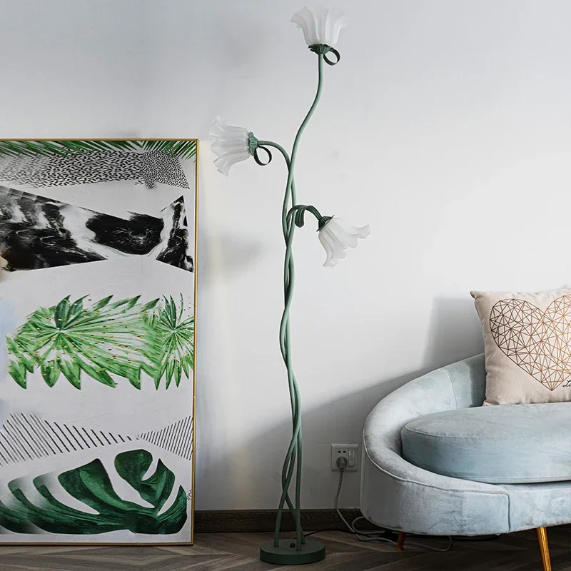 French 3 Head White Acrylic Lily LED Dimmable Floor Lamp Foot Switch Restaurant Study Kitchen Living Room Bedroom Standing Light