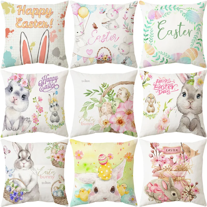 Easter Pillowcase Easter Party Decorations Easter Bunny Eggs Print Sofa Back Cushion Cover Easter Throw Pillow Cover 45X45CM