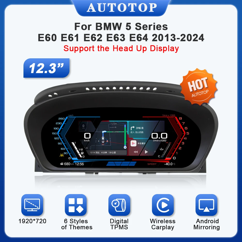 AUTOTOP 12,3-Zoll-Wireless-Carplay-Digitalanzeige für BMW 5er E60 E61 E62 E63 E64 2013–2024, Armaturenbrett-Instrumentenverkleidung