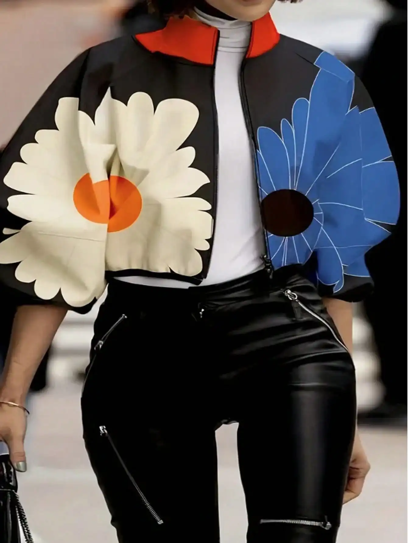 

Bold Floral Print Cropped Bomber Jacket with Stand Collar and Zip Front