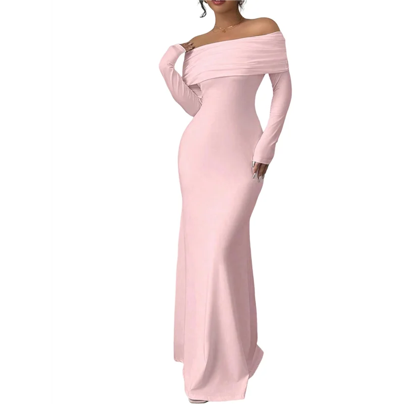 A83F - Damska sukienka maxi z długim rękawem, odkrywająca ramiona, dopasowana, elegancka, idealna na koktajl i studniówkę