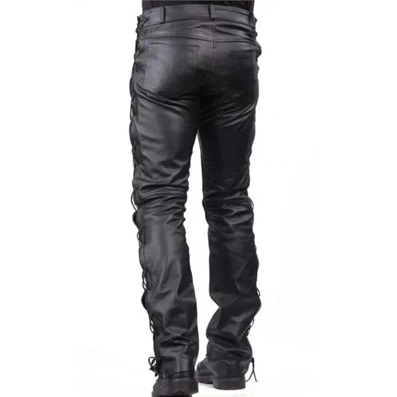 Heren Zwart Matte Motorfiets Lederen Broek Lage Taille Faux Pu Broek Zijverband Mannelijke Splits Stretch Broek Zak Custom