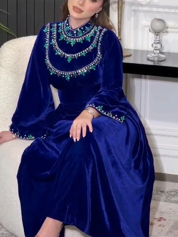 Eid Ramadan Muslim Women Dresses Velvet Diamond Abaya Party Long Dress Belt Morocco Kaftan Vestidos Dubai Turkey Robe Jalabiya