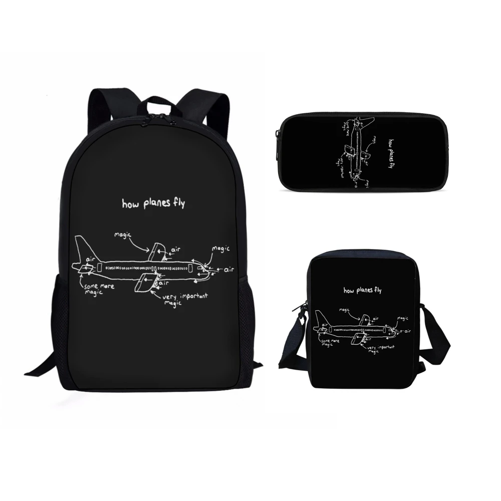 Letter Airplane Pilot 3D Print 3pcs/Set Pupil School Bags Laptop Daypack Backpack Inclined Shoulder Bag Pencil Case Lunch Bag