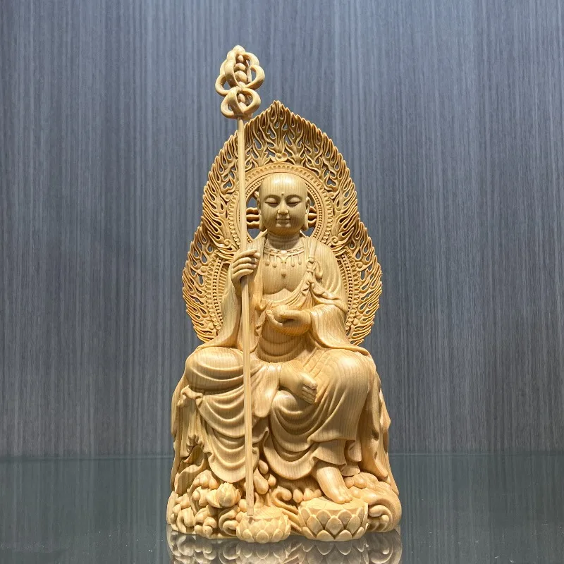 Hand-Carved Hinoki Wood Ksitigarbha Bodhisattva Statue - 9.4