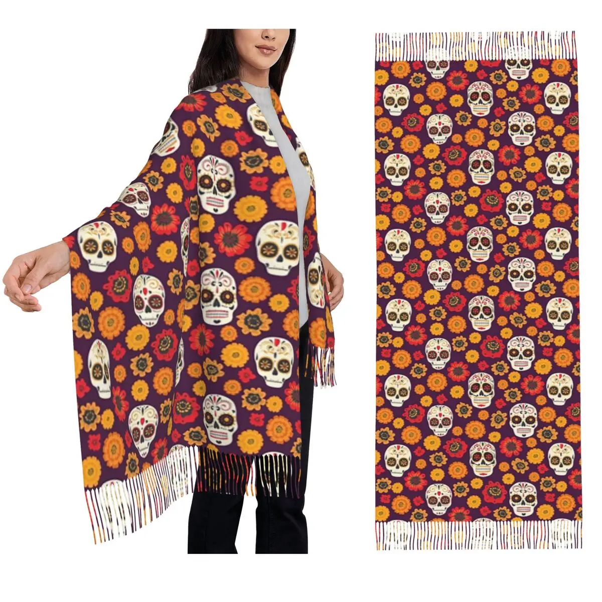 

Day Of The Dead Pattern Sugar Skull Santa Muerte Scarf Tassel Scarves for Women Soft Warm Shawls and Wraps Large Shawl Wrap