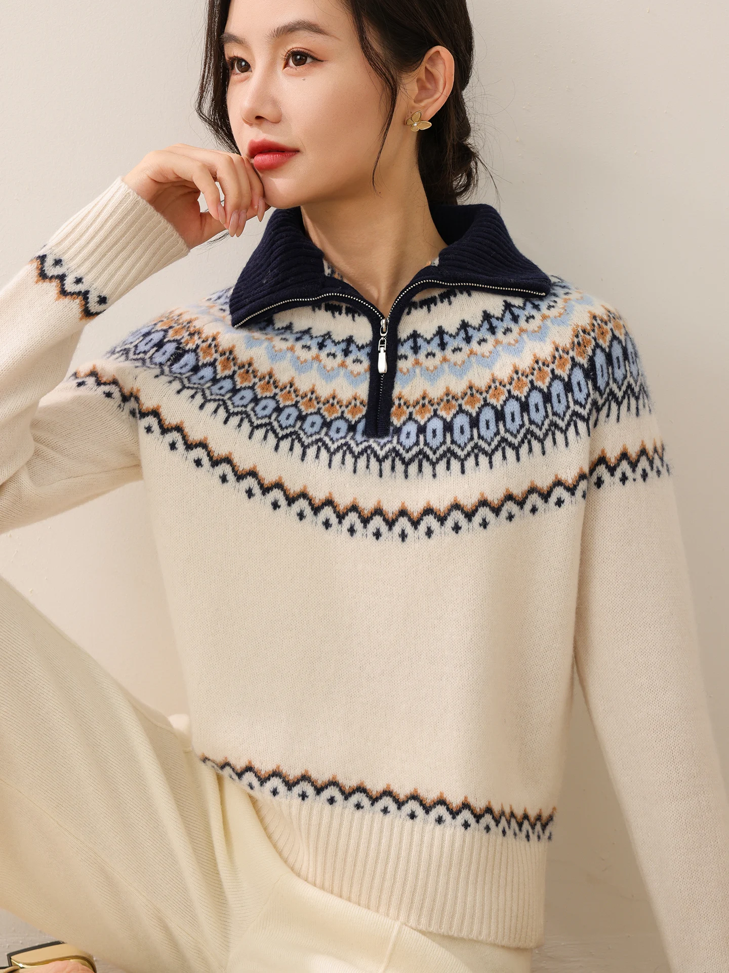 Women 100% Merino Wool Thickening Pullover High Neck Color Blocking Jacquard Long Sleeve Knitted Pullover Autumn Winter Base Top