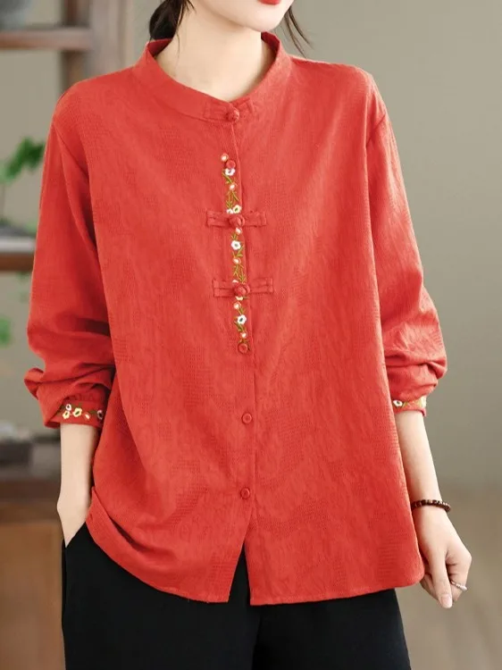 

Элегантная вышитая рубашка с длинным рукавом свободного кроя в этническом стиле для женщин больших размеров: модный весенний топ из комфортного хлопкового смесового материала